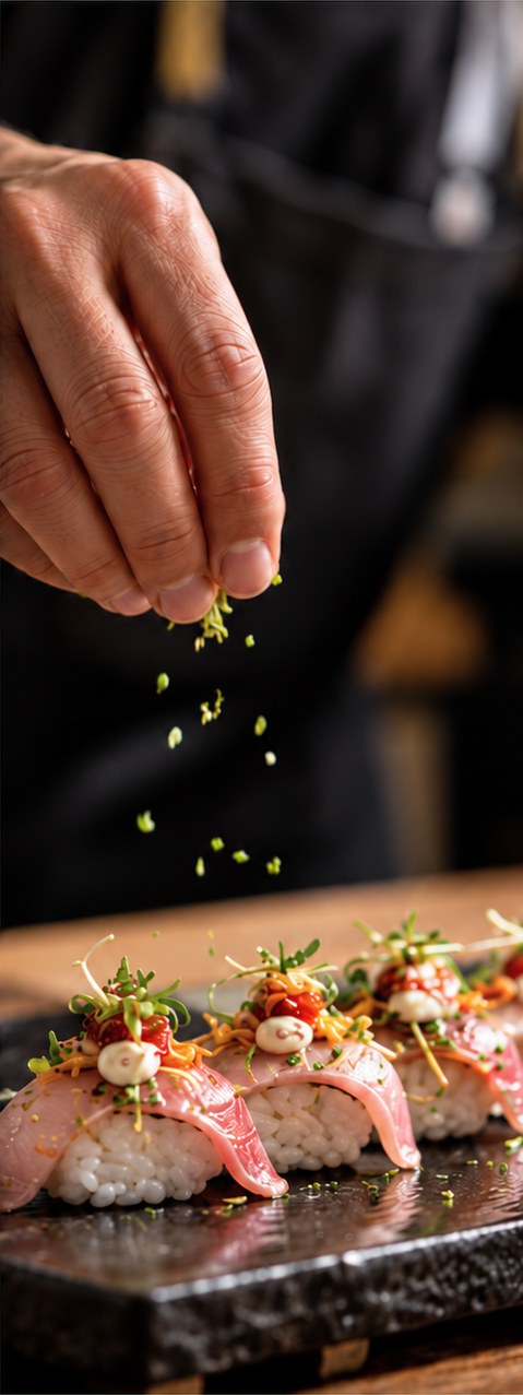 A chef's hand sprinkling herbs over a row of nigiri